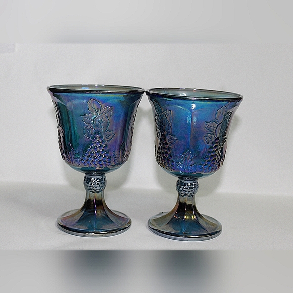 Indiana Glass Other - Indiana glass blue iridescent carnival glass harvest grape goblets (2)